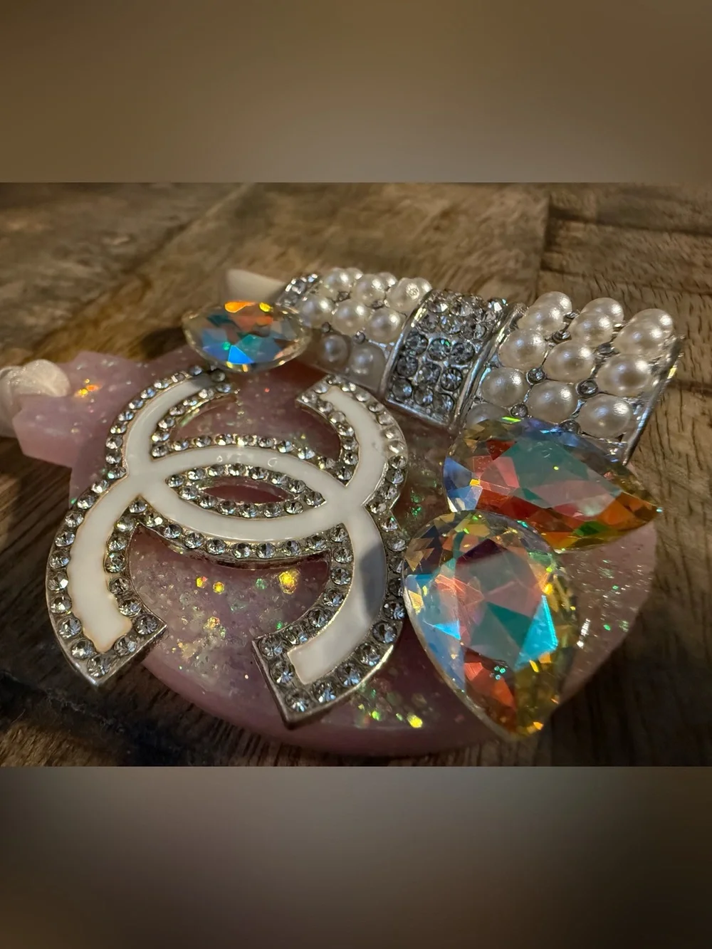 Ornament Rhinestone Pearl Crystal Gem Decor Handmade Pink Glam Hanging Decor